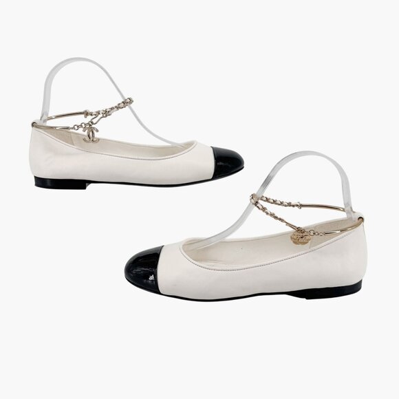 Chanel CC Camellia Ankle Chain White Cap Toe Ballet Flats Size 37.5 US 6.5-7 - Picture 7 of 15